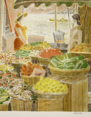 une aquarelle représentant un étal de fruits et légumes