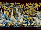 a picture of a painting of a forest with animals