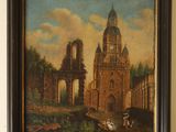 a painting on the wall of a building with a clock on it