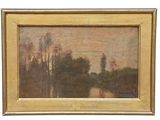 une peinture à l'huile représentant un paysage avec des arbres et une rivière