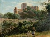 tableau représentant un homme menant un âne sur un chemin de terre, avec un château en arrière-plan