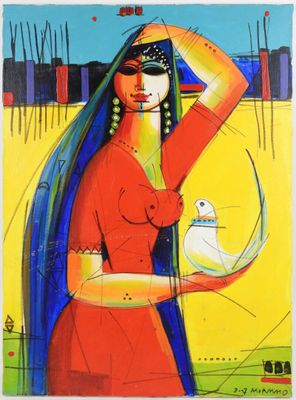 une image représentant un tableau où l'on voit une femme tenant un oiseau