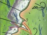 painting of a woman ' s face with a bird in her mouth