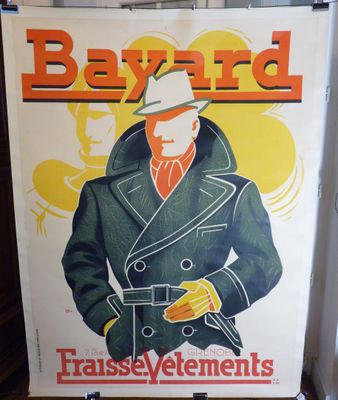 une vieille affiche représentant un homme en costume et chapeau