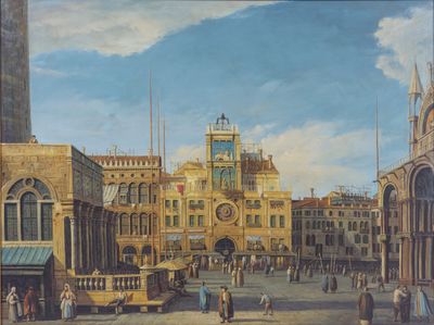 une peinture représentant une place de ville avec une tour horloge en arrière-plan