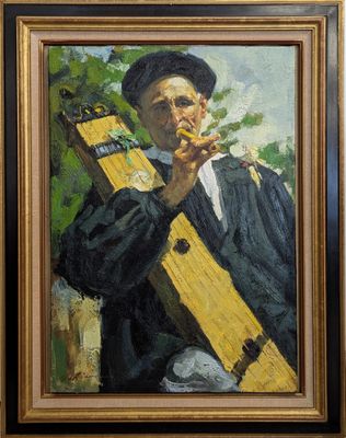 tableau représentant un homme tenant une guitare et fumant une cigarette