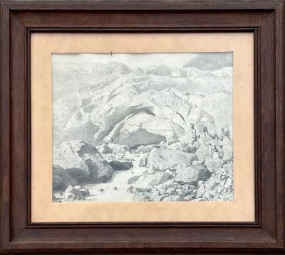 une vieille photo représentant un paysage de montagne avec des rochers et des blocs rocheux
