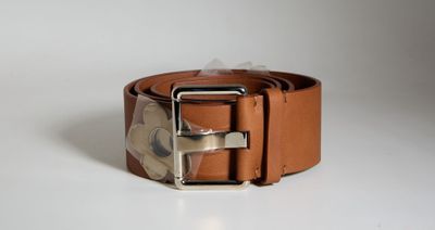 une ceinture marron avec une boucle argentée sur un fond blanc
