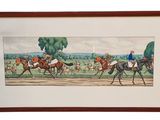 tableau représentant une course hippique, avec des jockeys et des chiens de chasse en arrière-plan