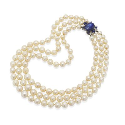 a cultured pearl and sapphire necklace, by van cleef