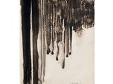 a black and white painting of a group of trees in the snow