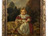 an image of a painting of a little girl with a goat