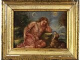 an image of a painting of a man kneeling next to a dog