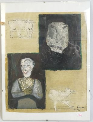 an image of a painting of a man and a woman on a yellow background