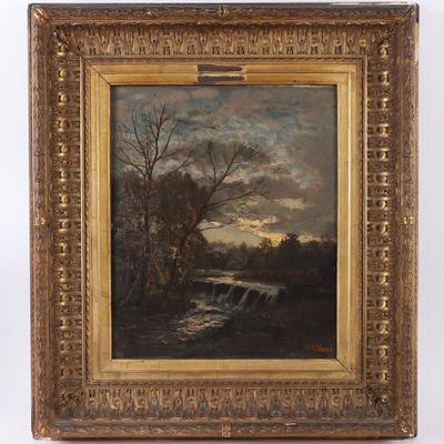peinture d'un paysage avec une rivière et des arbres au premier plan