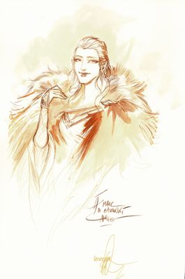 dessin représentant une femme vêtue d'un manteau de fourrure, avec un oiseau sur l'épaule