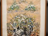 tableau représentant un groupe d'oiseaux survolant un champ d'herbe