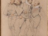 drawing of a group of men standing next to each other in front of a wall