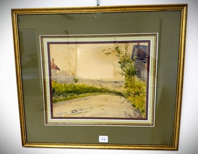 painting of a dirt road in a frame on a wall