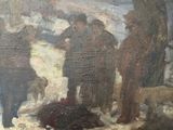 un tableau représentant un groupe de personnes et un chien dans la neige