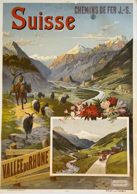une image représentant une affiche avec un paysage de montagne, du bétail et un homme à cheval