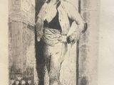 drawing of a man standing in front of a door with a cane