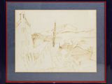dessin encadré représentant un paysage avec un homme et une femme