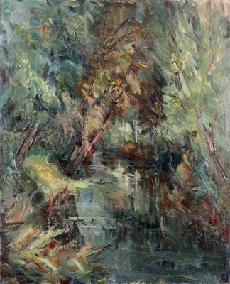 une peinture à l'huile représentant une rivière avec des arbres en arrière-plan