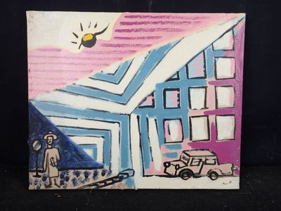 un tableau représentant un homme debout devant un bâtiment