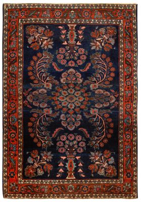 un tapis bleu et rouge à motifs floraux