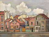 une peinture à l'huile représentant une rangée de maisons dans une rue de la ville