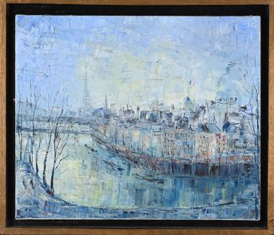 an oil painting of a view of a city from the water