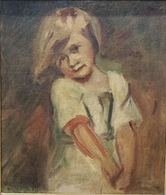 tableau représentant une jeune fille tenant une raquette de tennis devant son visage