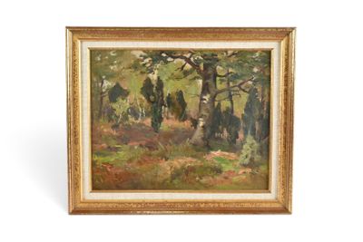 une peinture à l'huile représentant une scène boisée avec des arbres au premier plan
