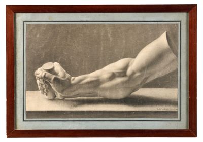 tableau représentant le pied d'une personne posé sur une table, recouvert d'un tissu