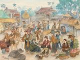 un tableau représentant un groupe de personnes au marché