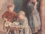 a painting of three children playing with a teddy bear