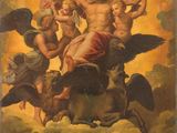 un tableau représentant un homme à cheval, avec des anges sur le cheval