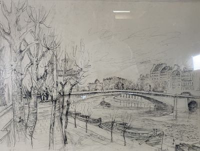 drawing of a bridge over a river with trees and buildings in the background