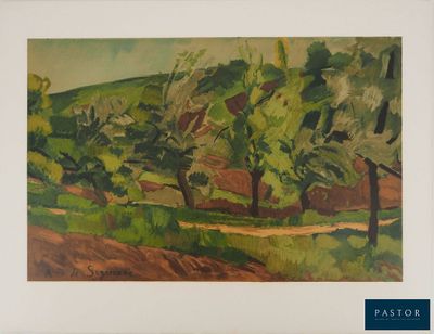 une image d'un tableau représentant un paysage avec des arbres au premier plan