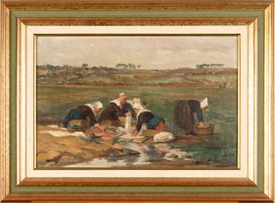 an image of a painting of people washing clothes in a river