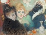 un tableau représentant deux femmes assises à une table, un verre à la main