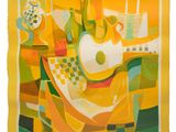 painting of a guitar and a vase on a table with a yellow background