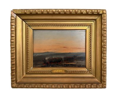 une image représentant un tableau représentant un coucher de soleil avec un troupeau de bovins