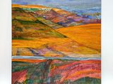 a painting of a landscape with hills and a river in the distance