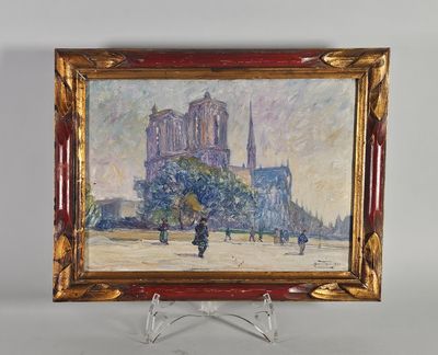 une peinture à l'huile représentant une église devant laquelle passe une personne
