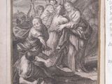 an old book with a drawing of a woman and two men