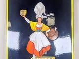 une affiche représentant une femme coiffée d'une toque de chef, posée sur une boîte