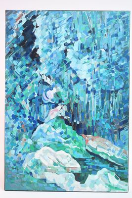 abstract painting of a woman sitting on a rock in a forest