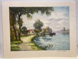 une photo d'un tableau représentant un paysage fluvial